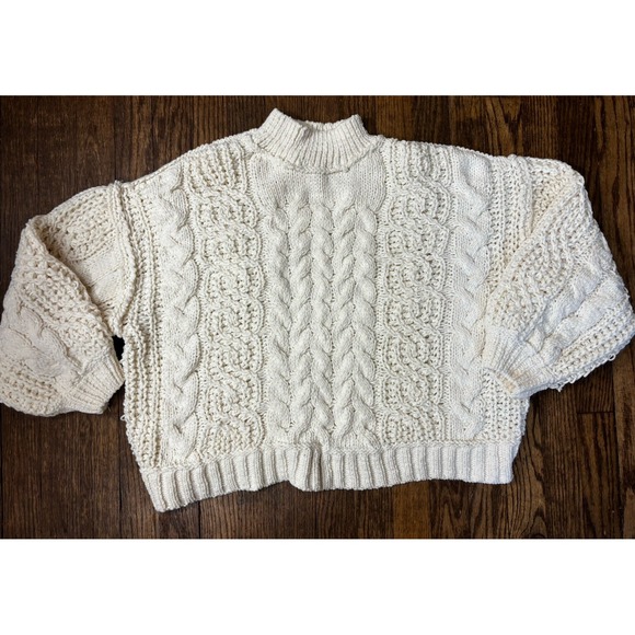 POL Sweaters - POL Chunky Crochet‎ Cropped Knit Sweater, White, Small, Mock Turtleneck